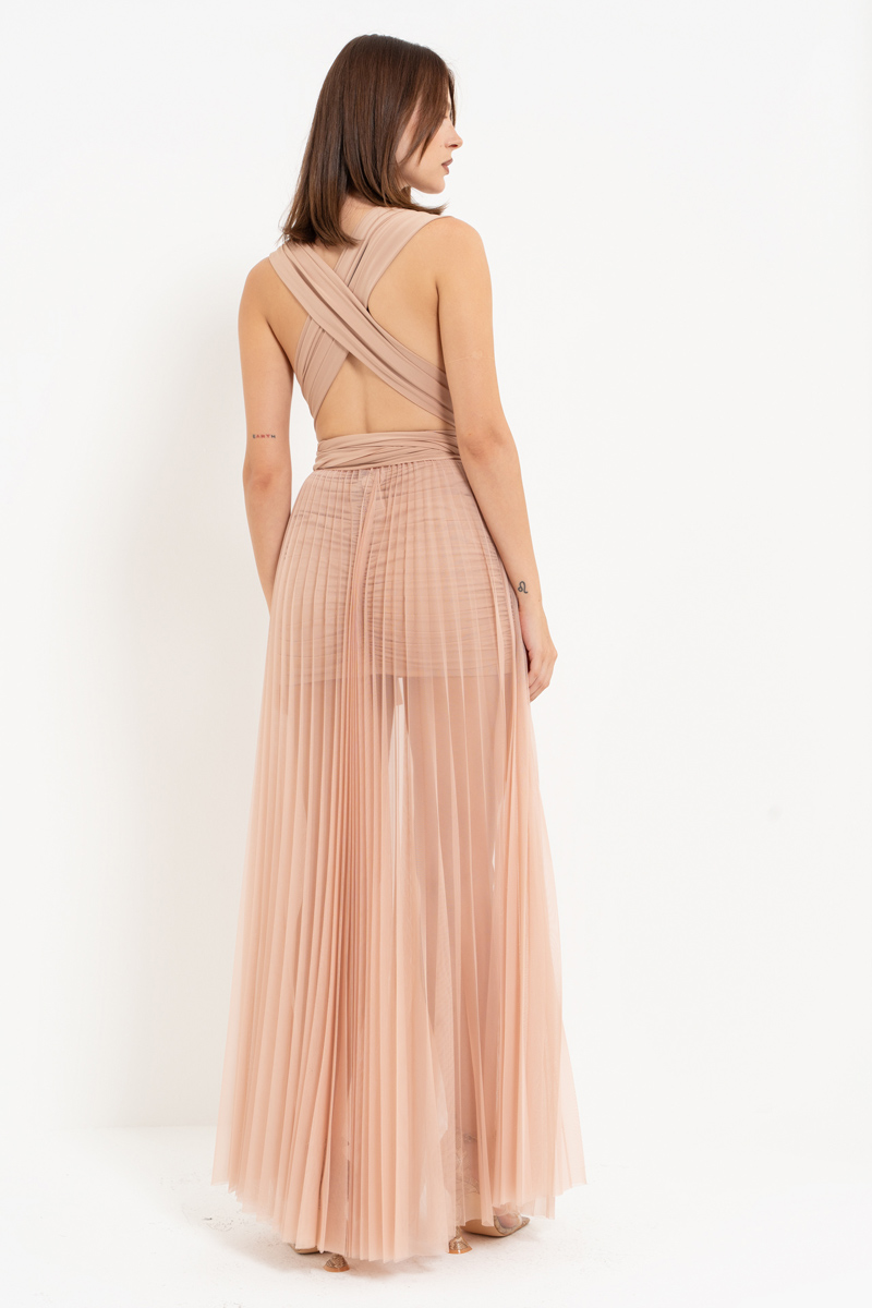 Sheer Pleated Maxi Skirt in  Nude