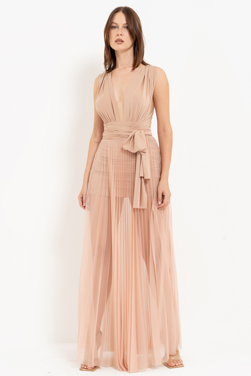 Sheer Pleated Maxi Skirt in  Nude