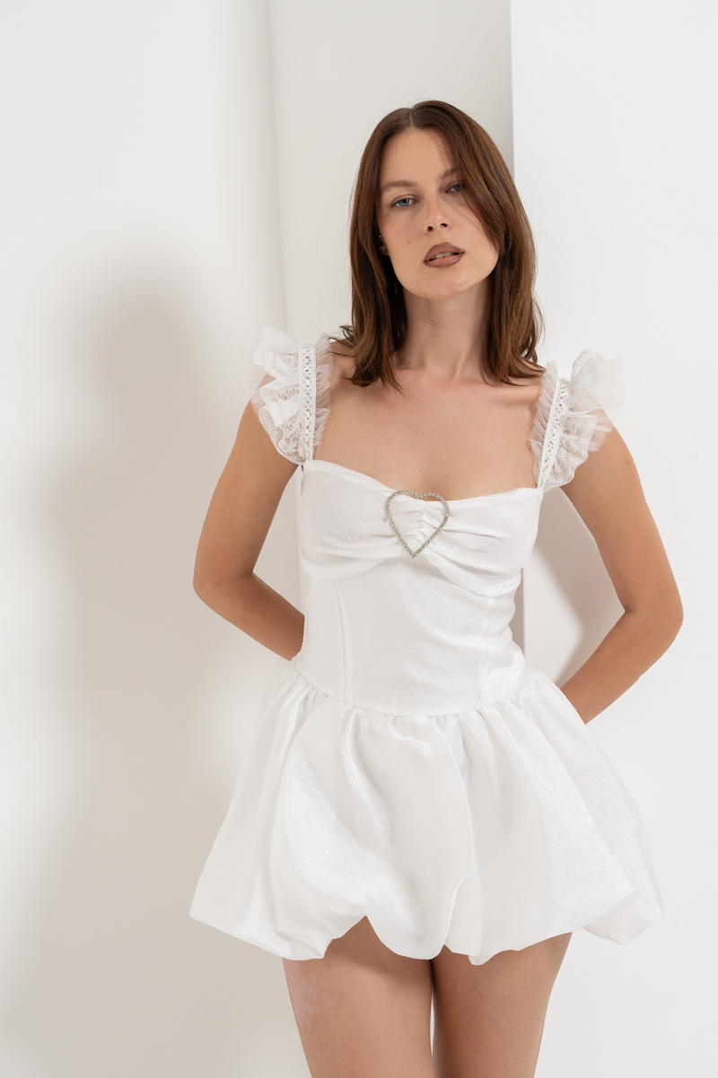 Offwhite Ruffle-Trim Heart-Accent Mini Dress