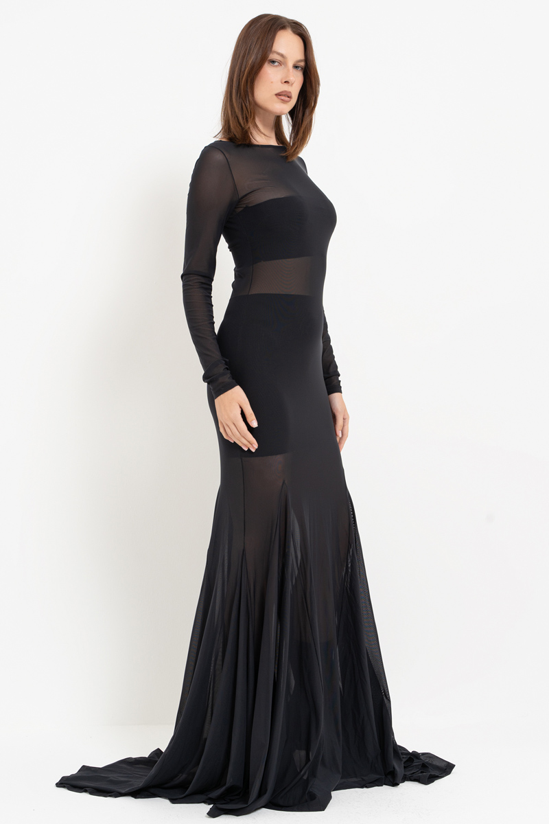 Sheer Black Mermaid-Skirt Maxi Dress