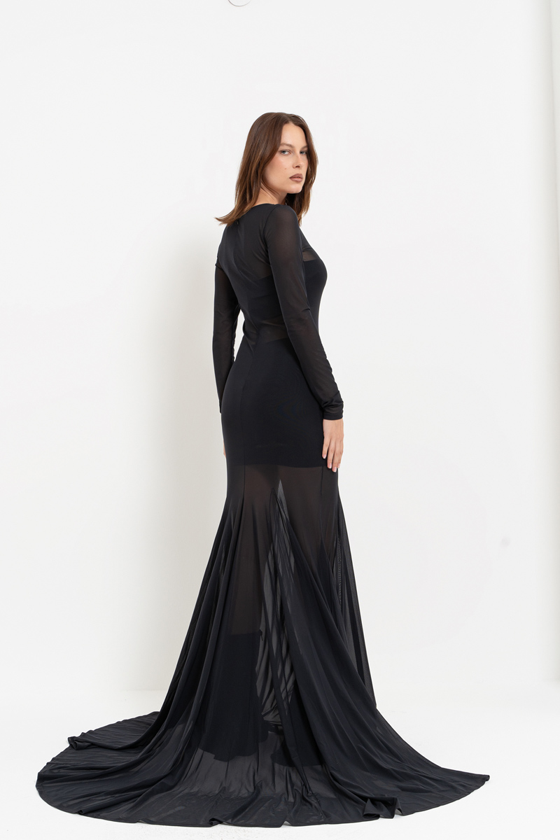 Sheer Black Mermaid-Skirt Maxi Dress