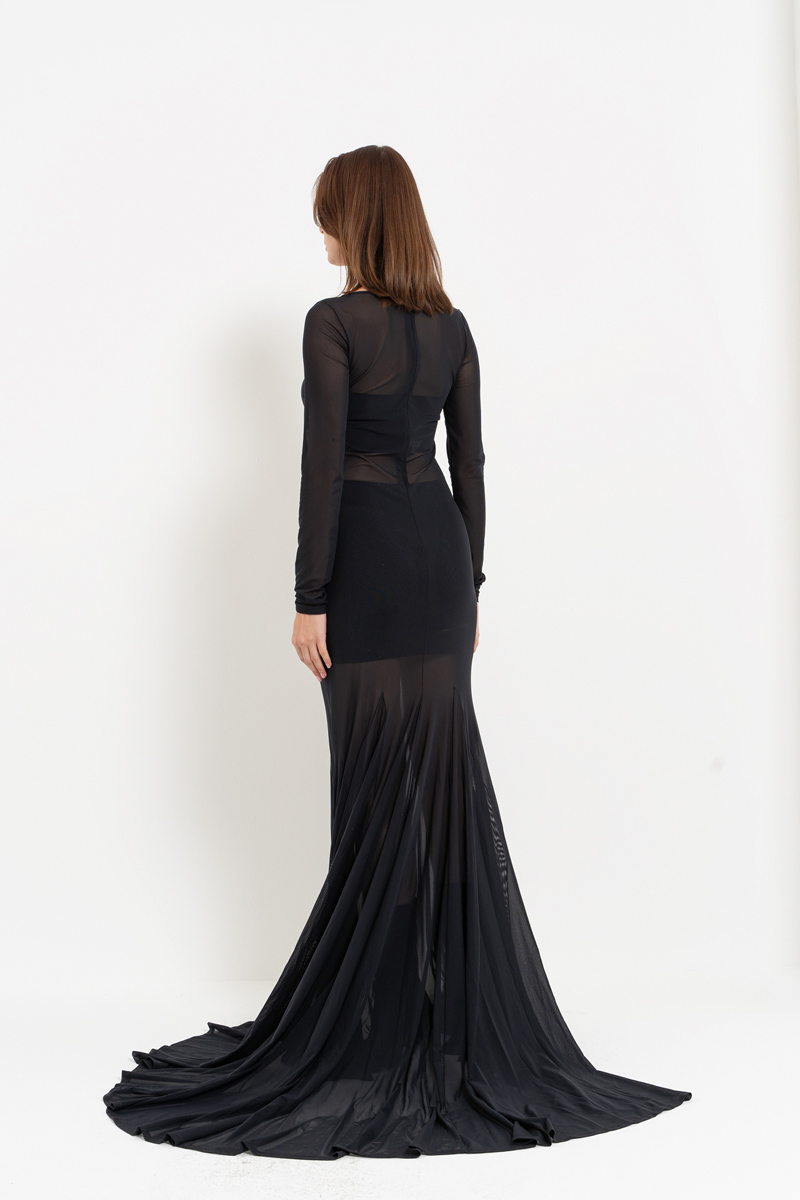 Sheer Black Mermaid-Skirt Maxi Dress