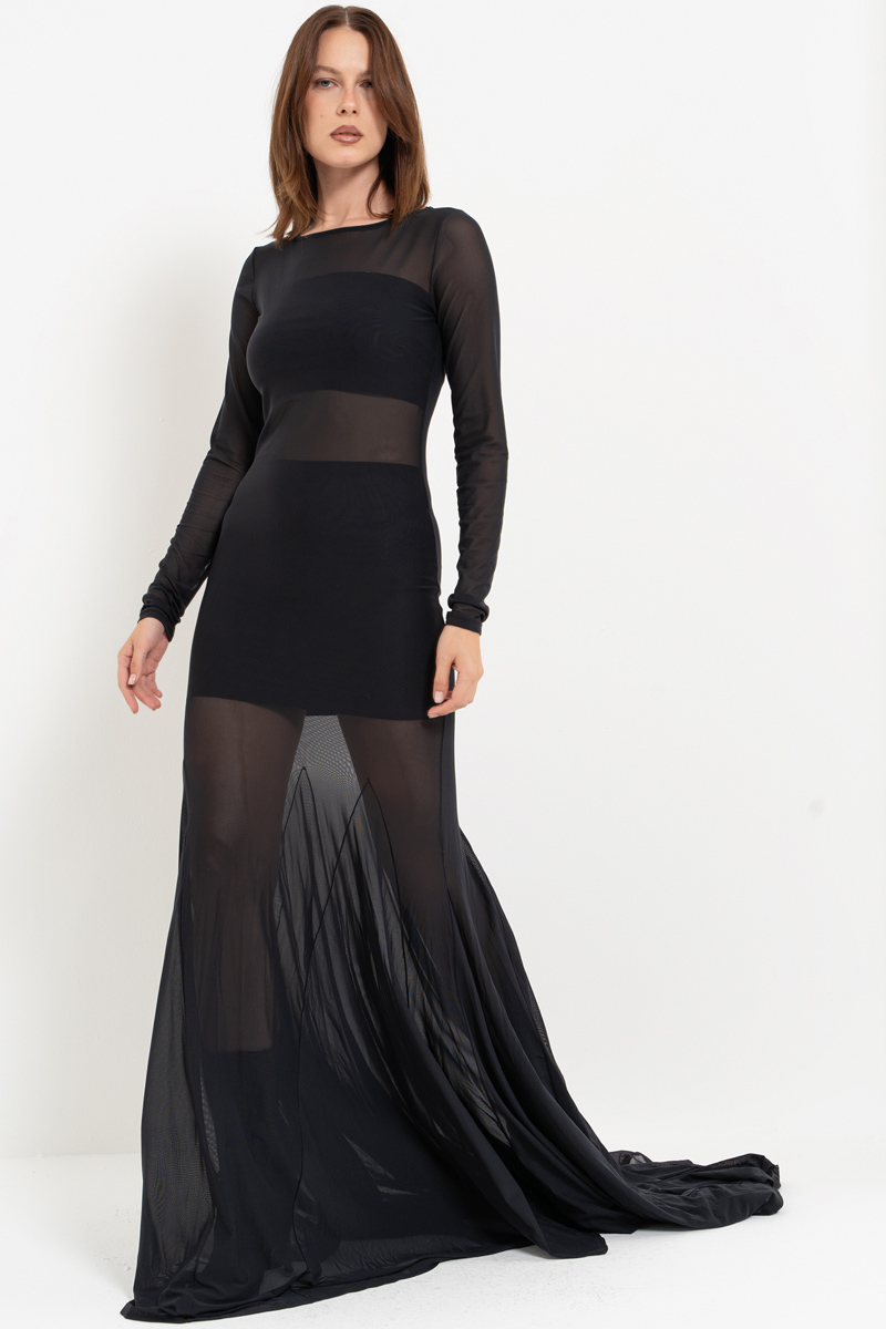 Sheer Black Mermaid-Skirt Maxi Dress