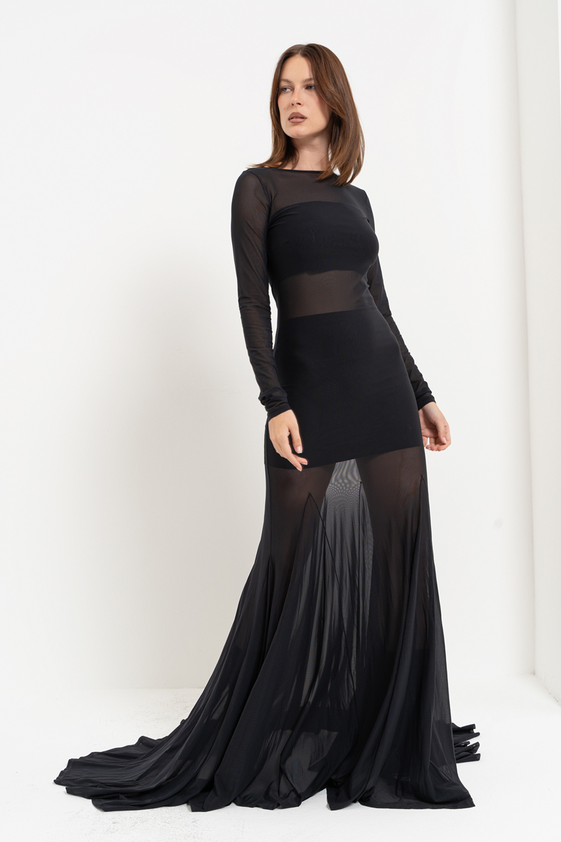 Sheer Black Mermaid-Skirt Maxi Dress