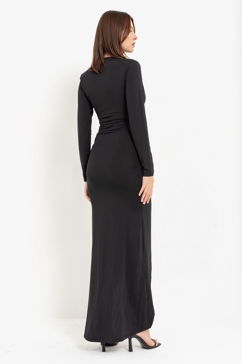 Black V-Neck Long-Sleeve Split-Front Dress