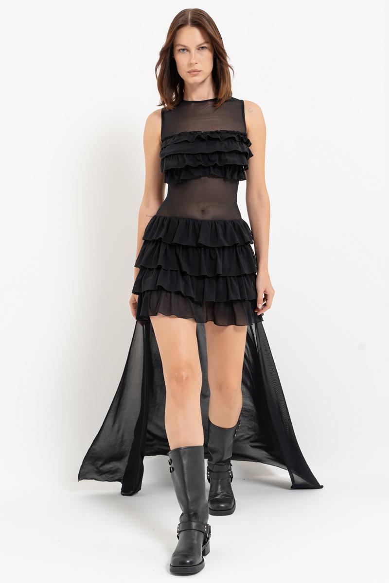 Black Ruffle-Trim High-Low Mesh Dress