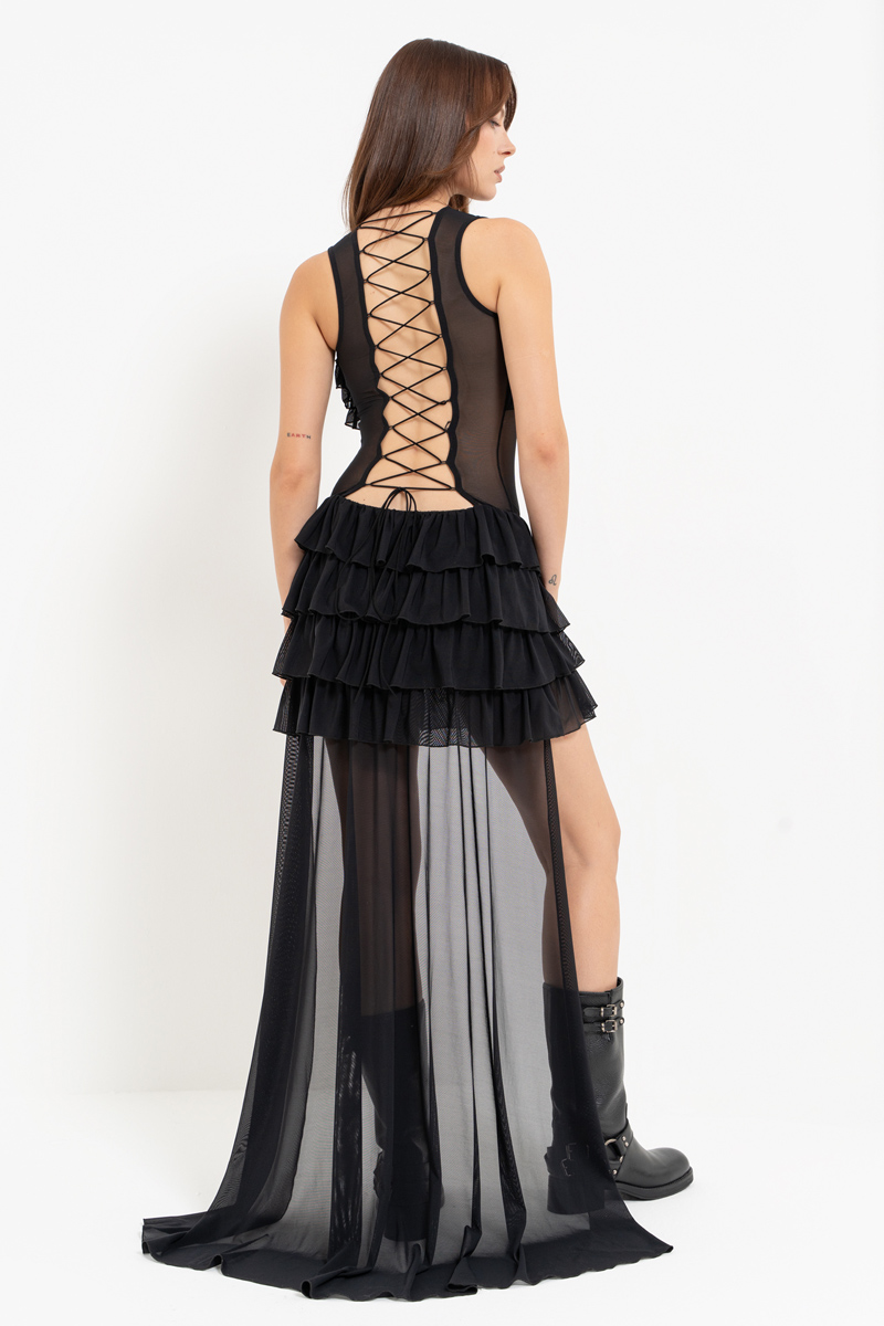 Black Ruffle-Trim High-Low Mesh Dress