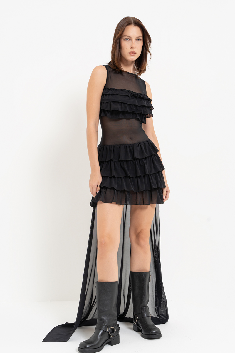 Black Ruffle-Trim High-Low Mesh Dress