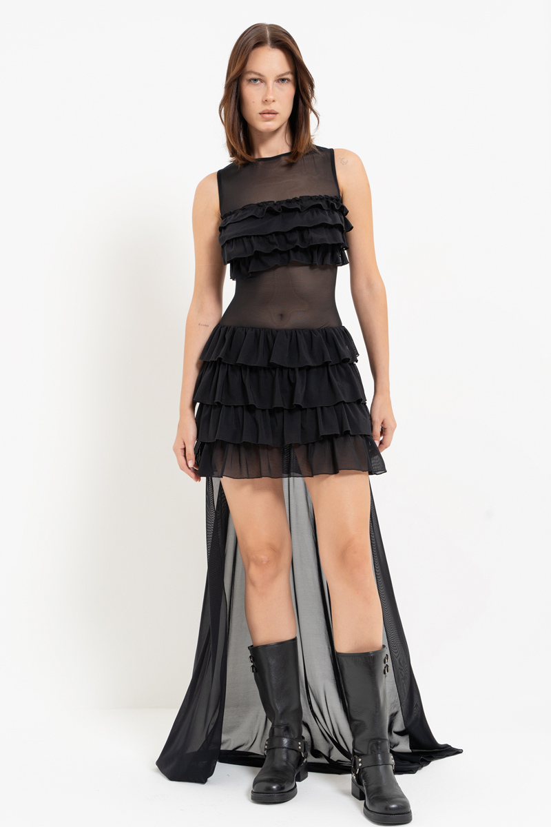 Black Ruffle-Trim High-Low Mesh Dress