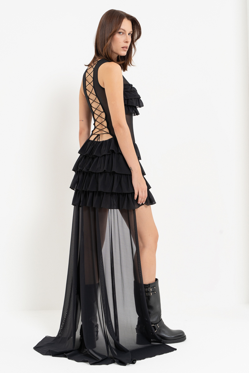 Black Ruffle-Trim High-Low Mesh Dress