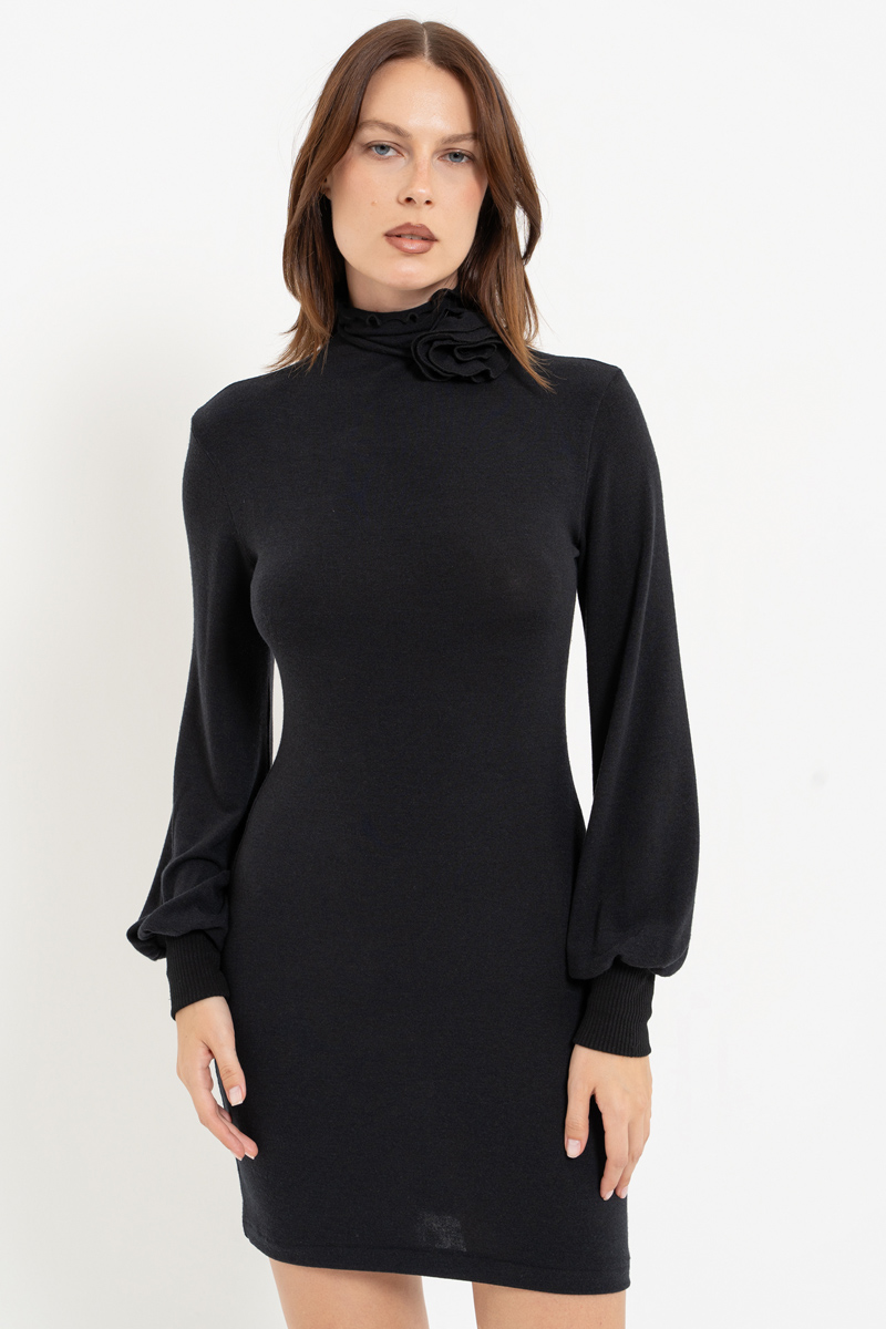 Black Mock-Neck Rose-Accent Dress