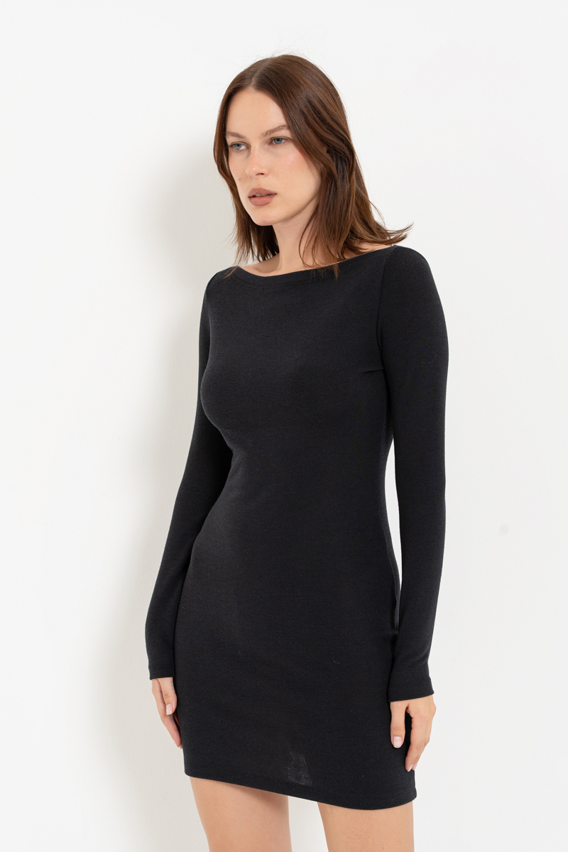 Black Boat-Neck Long-Sleeve Mini Dress