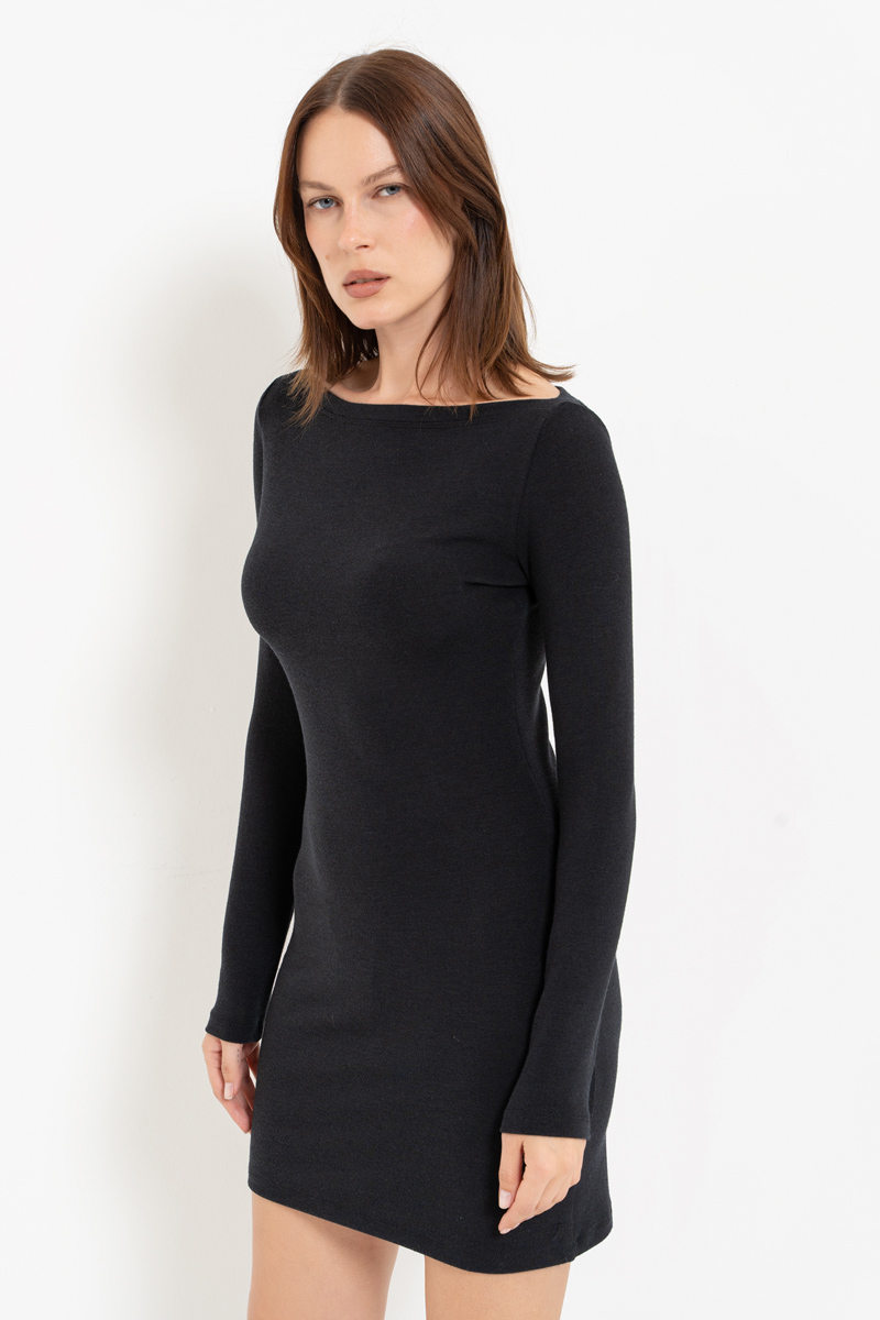 Black Boat-Neck Long-Sleeve Mini Dress