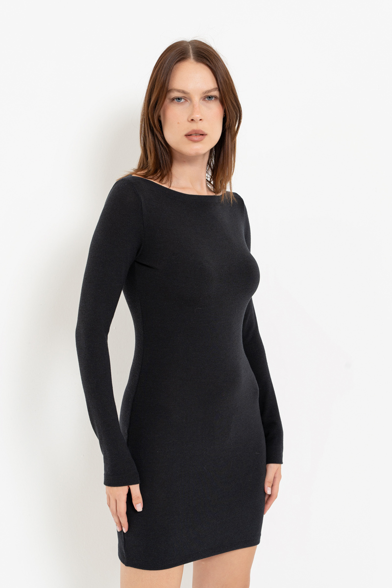 Black Boat-Neck Long-Sleeve Mini Dress