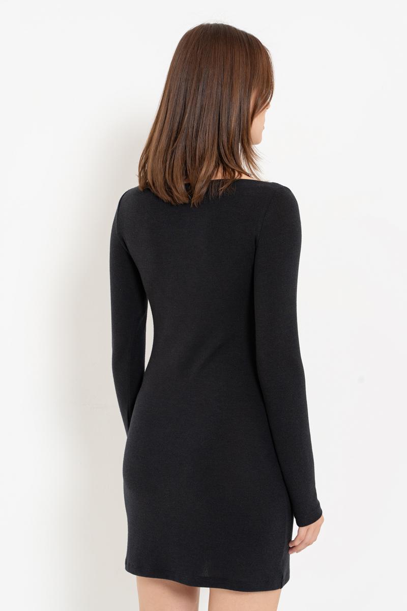 Black Boat-Neck Long-Sleeve Mini Dress