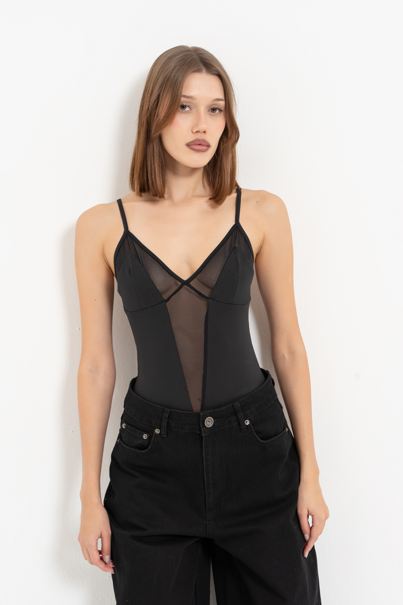 Black Mesh-Insert Cami Bodysuit with Snap Crotch