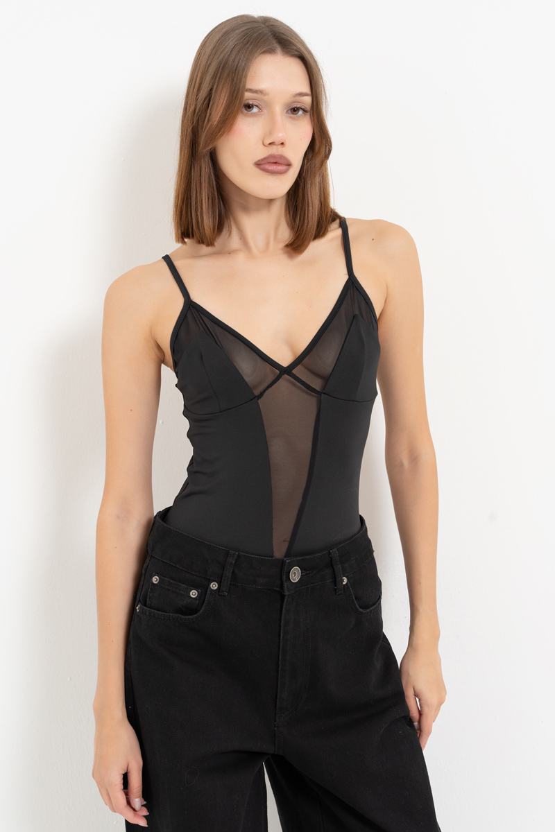 Black Mesh-Insert Cami Bodysuit with Snap Crotch