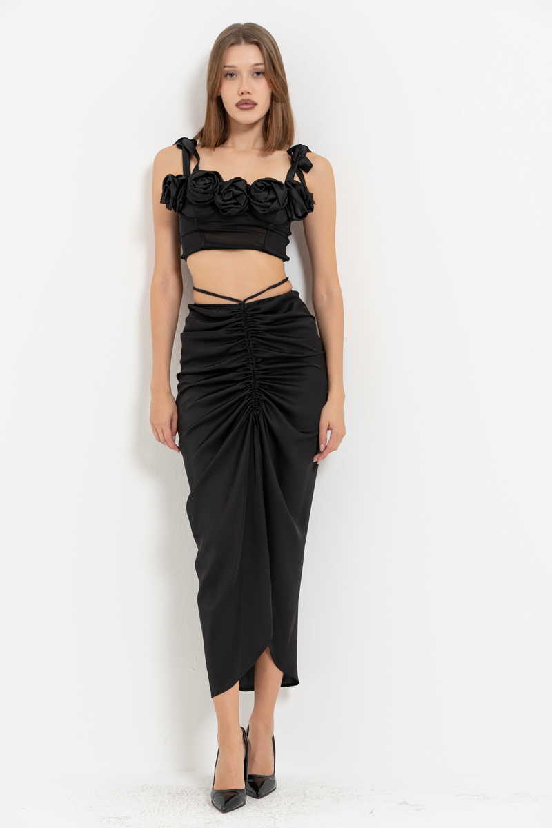 Ruched-Front Black Satin Skirt