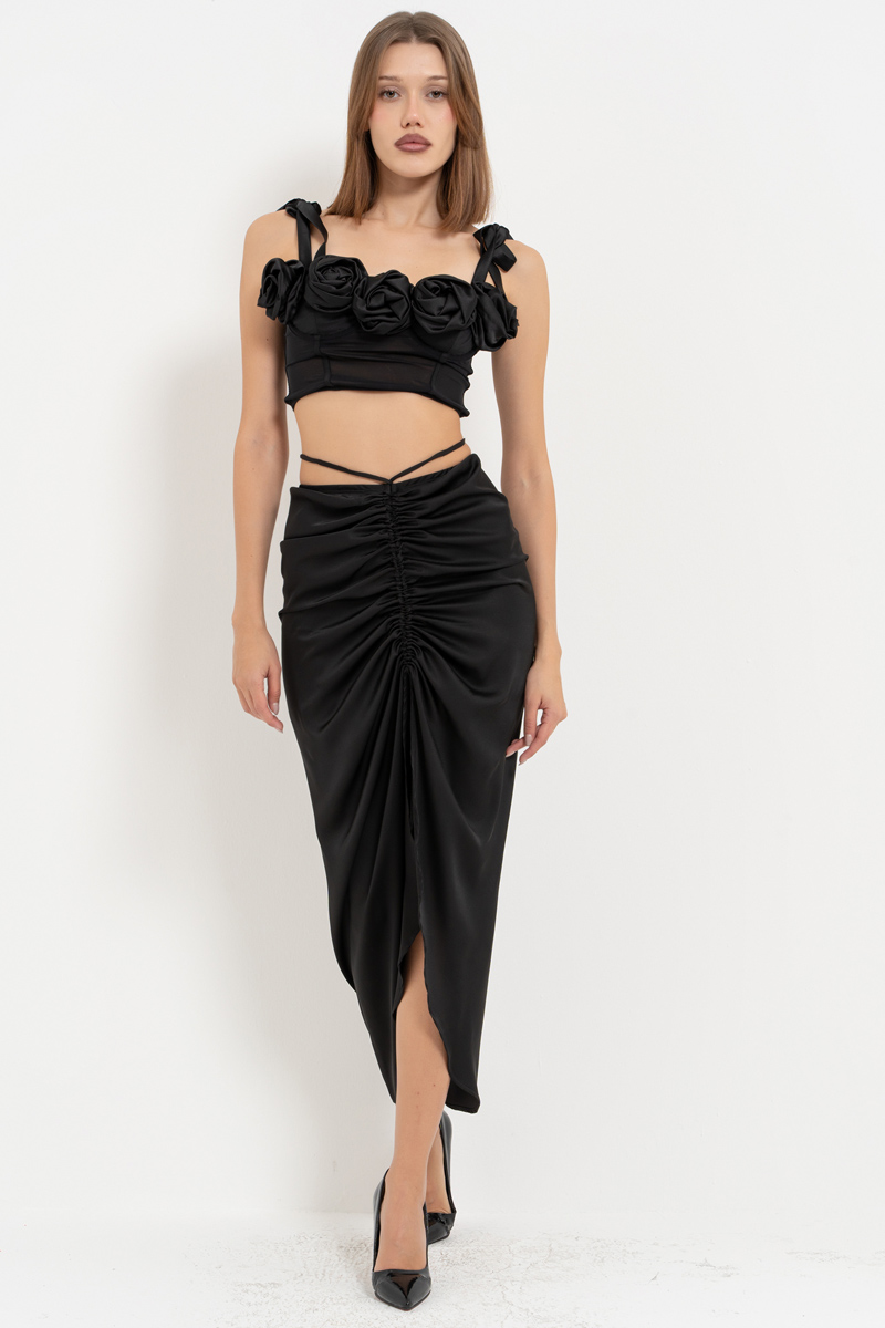 Ruched-Front Black Satin Skirt