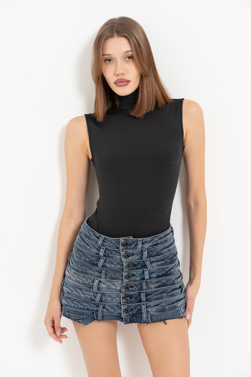 Dark Blue Belt-Design Denim Skirt