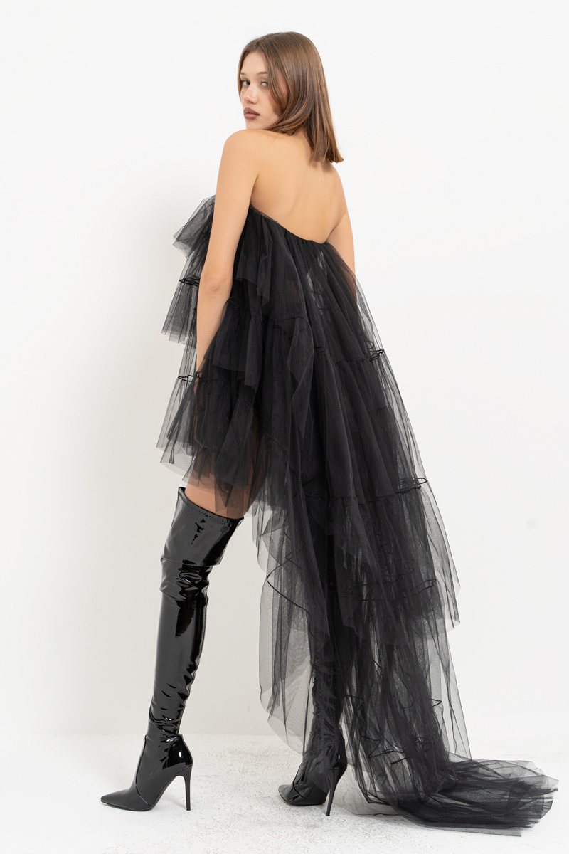 Tulle Detail Strapless Black Sheer Mini Dress