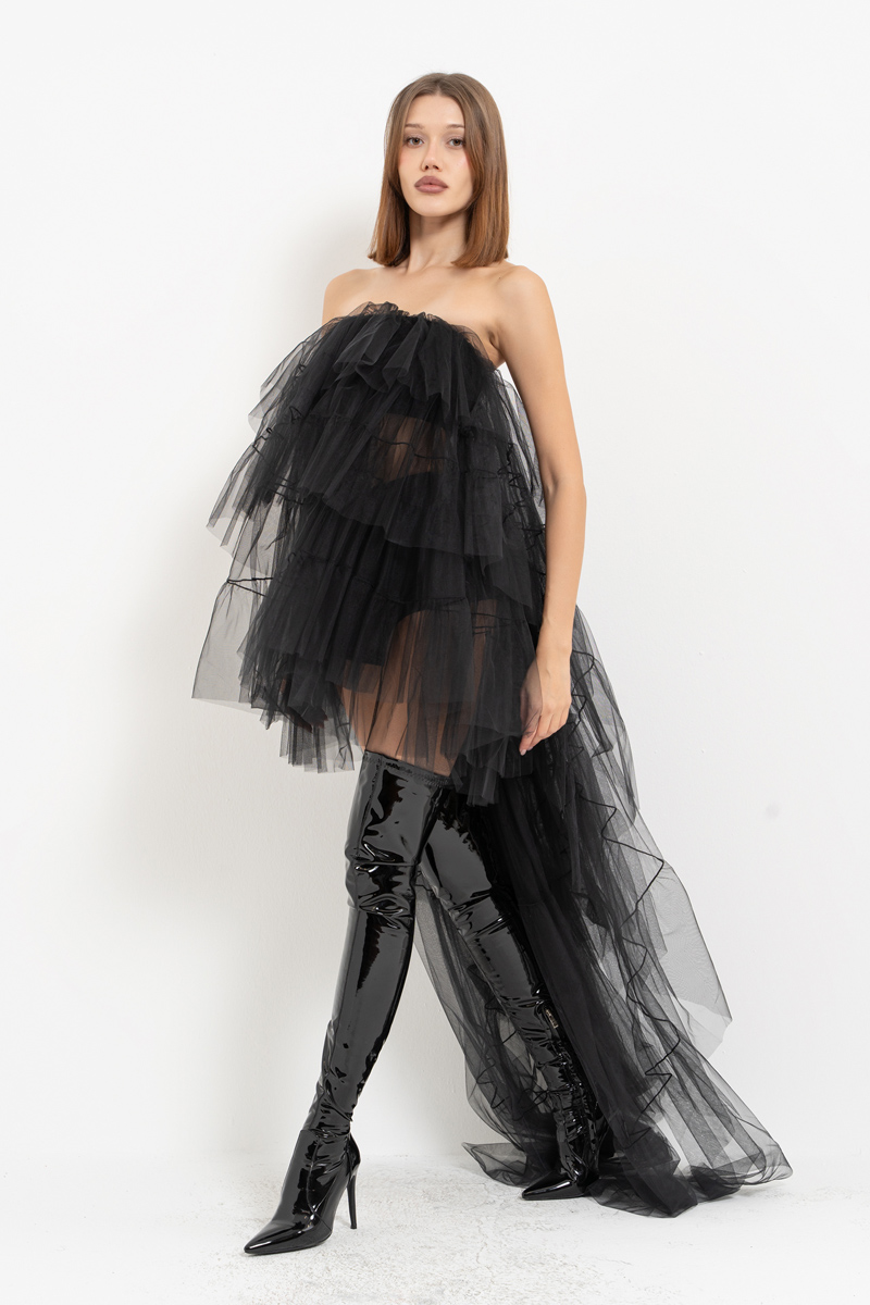 Tulle Detail Strapless Black Sheer Mini Dress