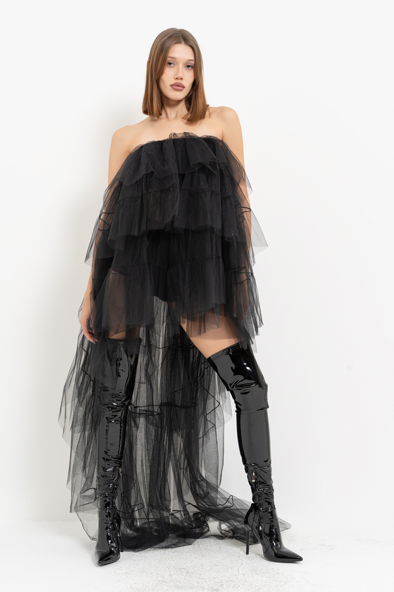 Tulle Detail Strapless Black Sheer Mini Dress