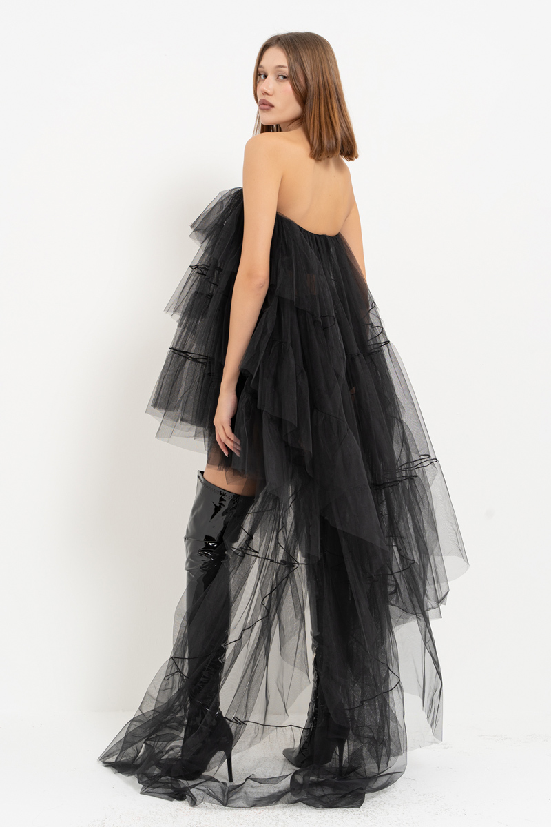 Tulle Detail Strapless Black Sheer Mini Dress