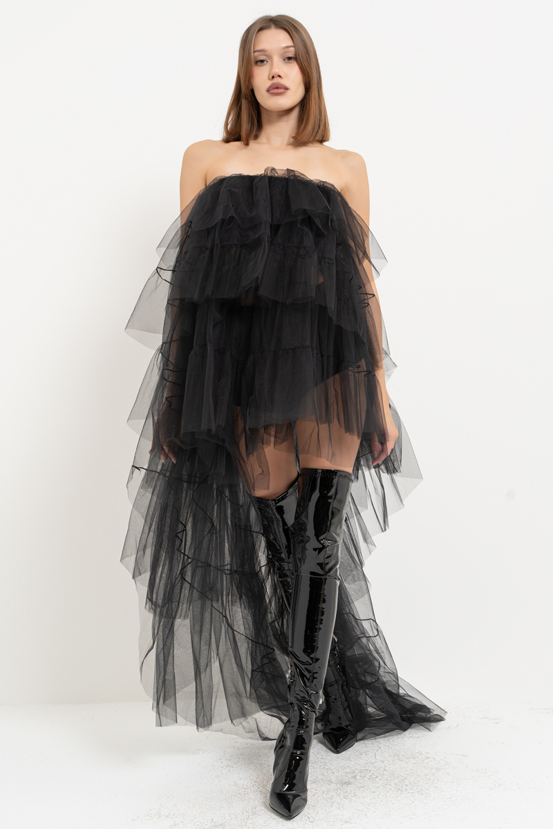 Tulle Detail Strapless Black Sheer Mini Dress