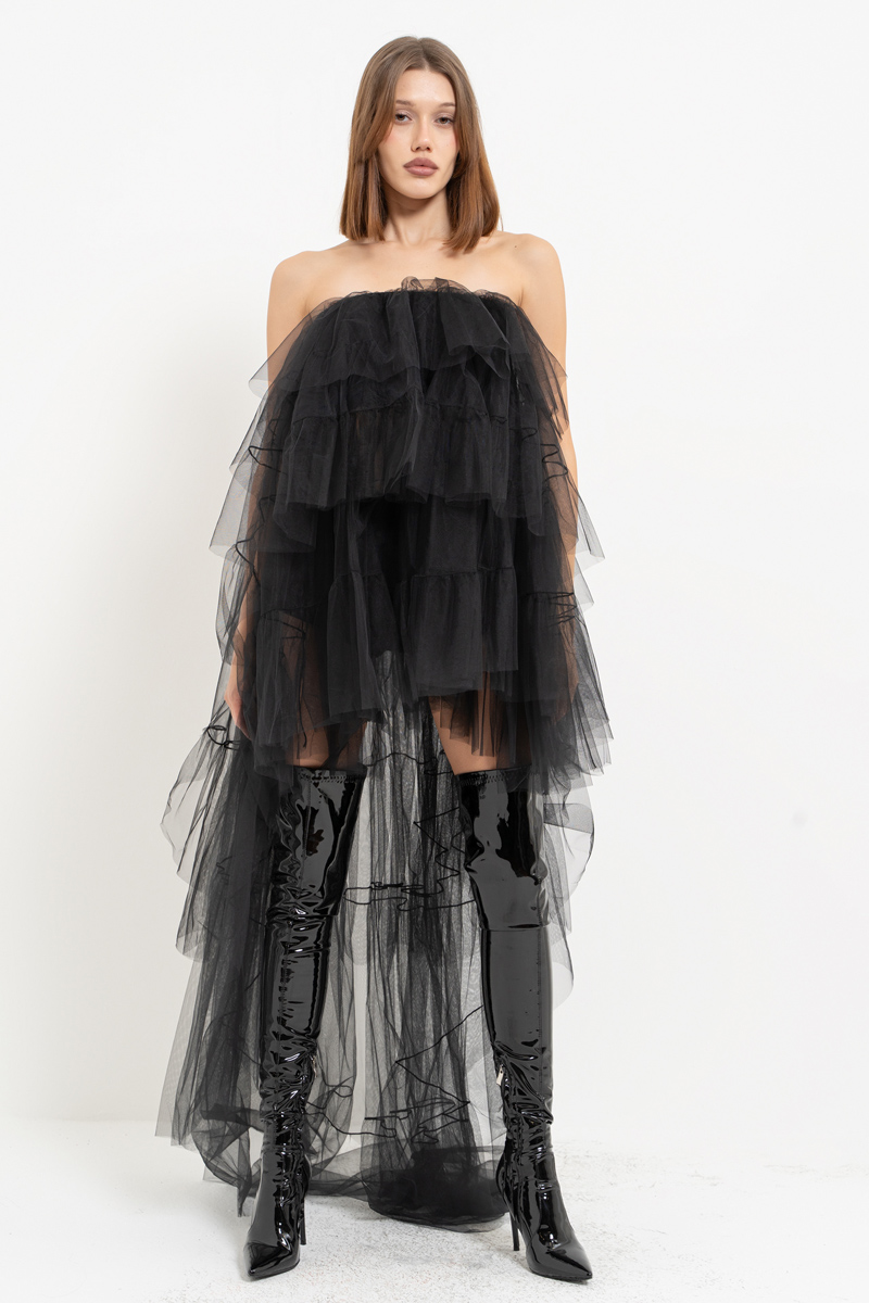 Tulle Detail Strapless Black Sheer Mini Dress