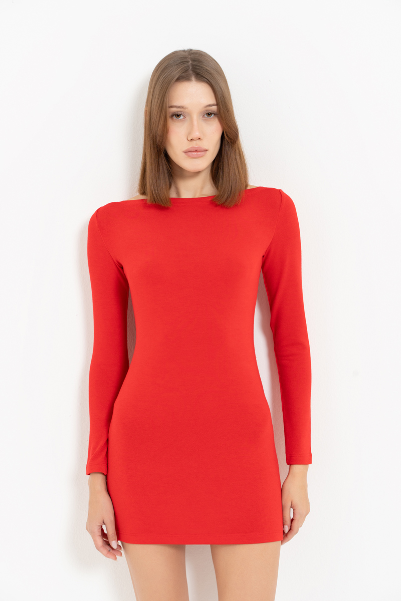 Red Boat-Neck Long-Sleeve Mini Dress