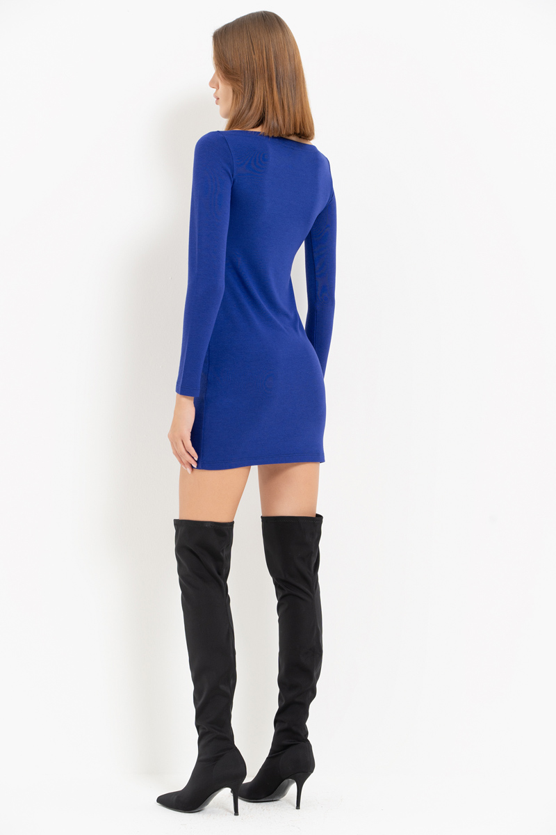 Saks Blue Boat-Neck Long-Sleeve Mini Dress