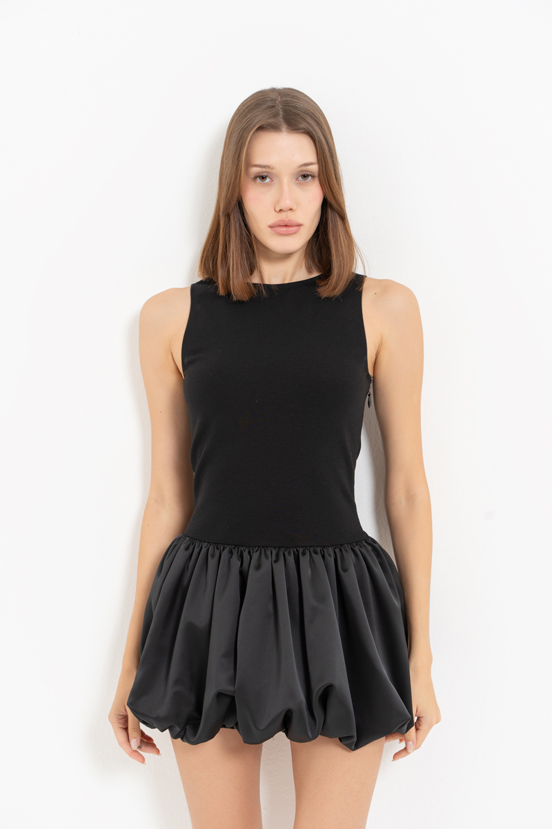 Black Mini Dress with Satin Balloon Skirt