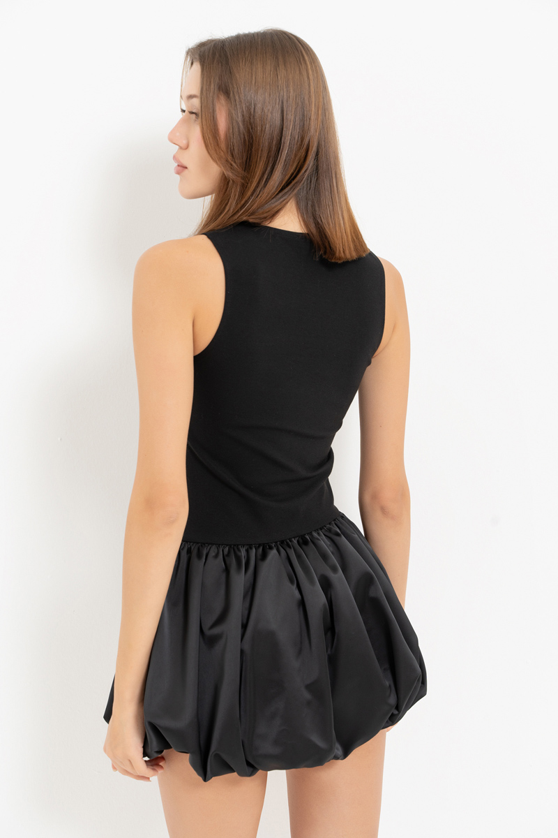 Black Mini Dress with Satin Balloon Skirt