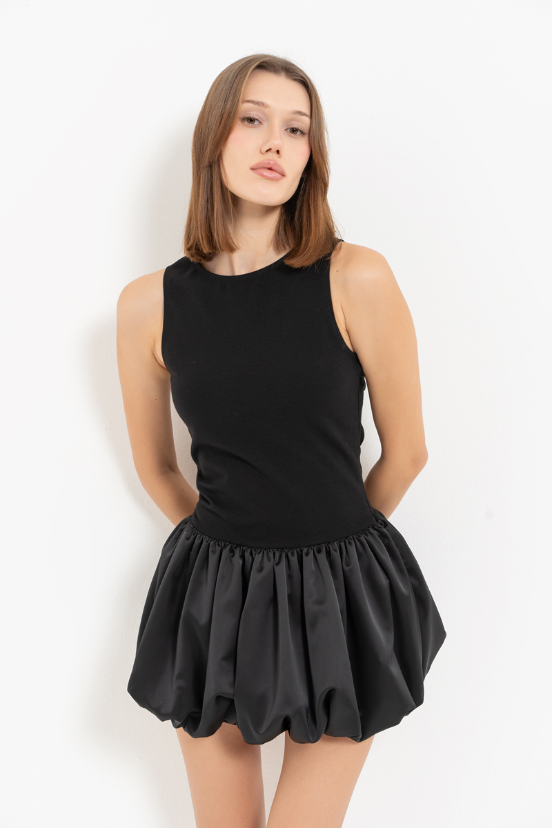 Black Mini Dress with Satin Balloon Skirt