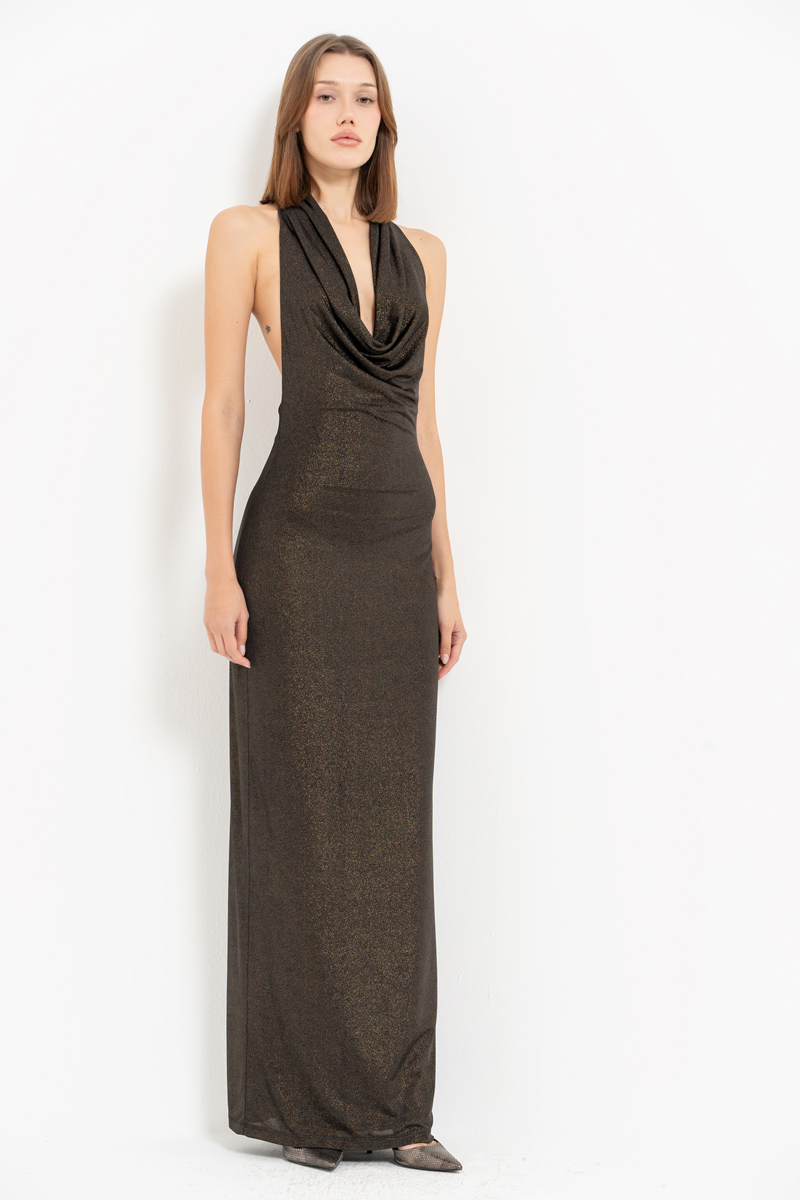 Black Backless Cowl-Neck Dress