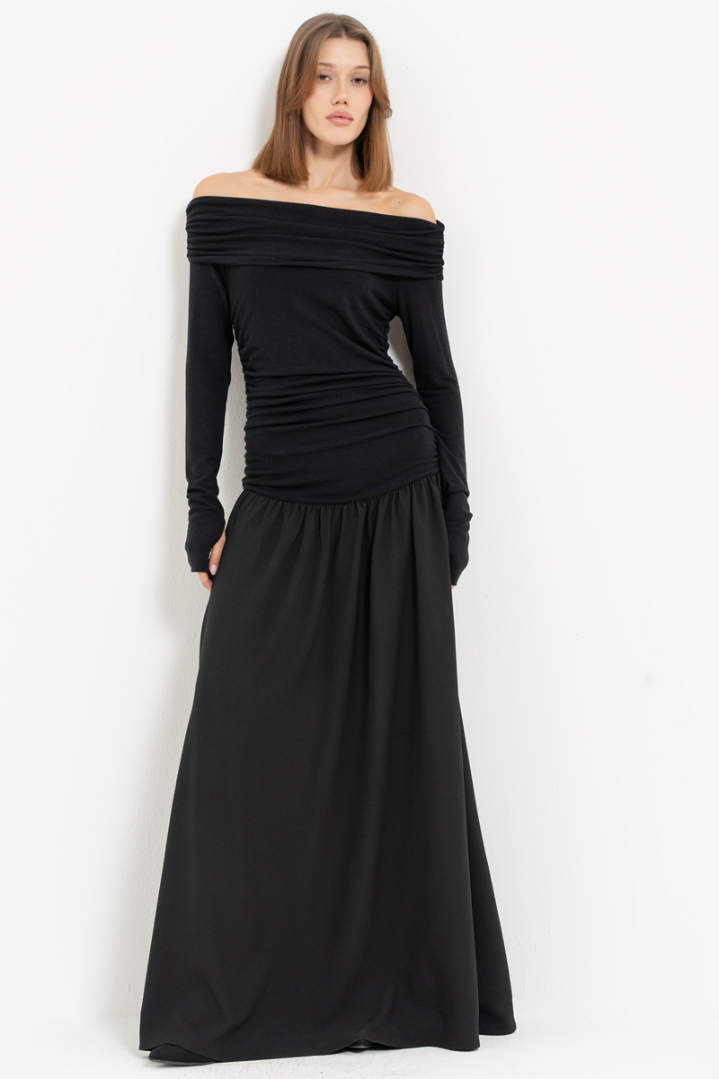 Black Off-the-Shoulder Ruched Maxi Dress