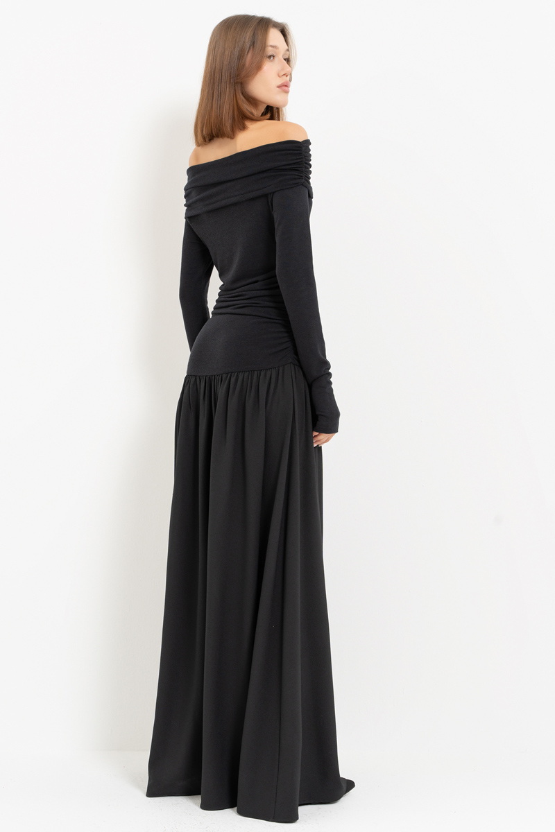 Black Off-the-Shoulder Ruched Maxi Dress