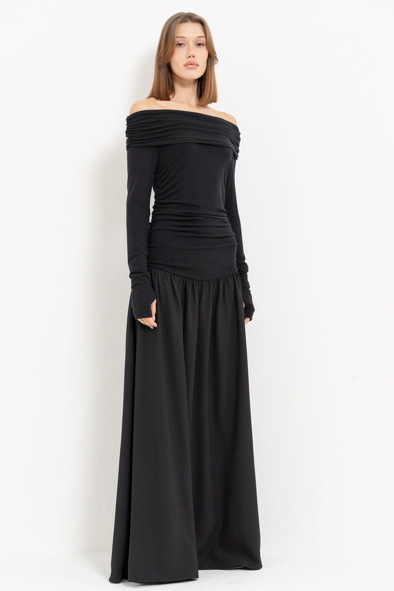 Black Off-the-Shoulder Ruched Maxi Dress