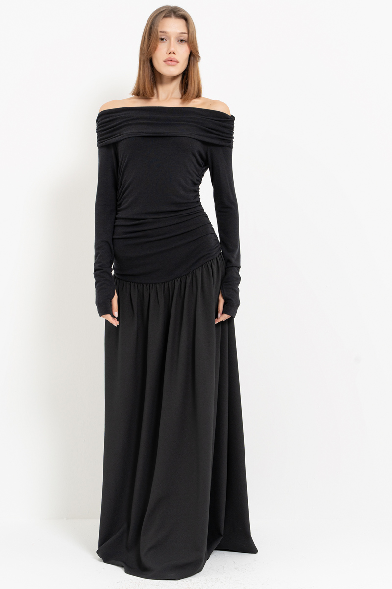 Black Off-the-Shoulder Ruched Maxi Dress