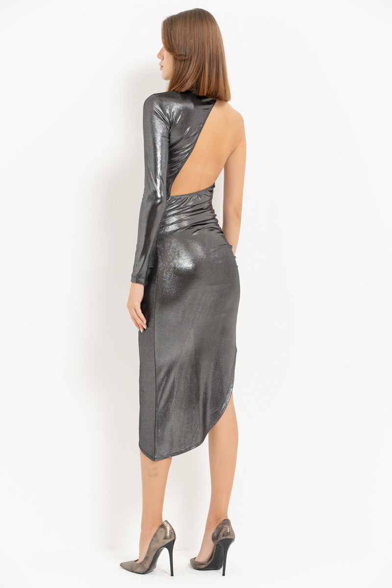 Shiny Black-Silver Backless Asymmetric Dress