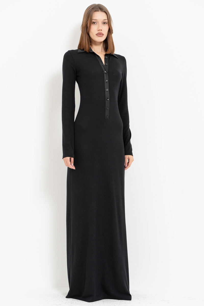 Black Shirt-Collar Maxi Dress