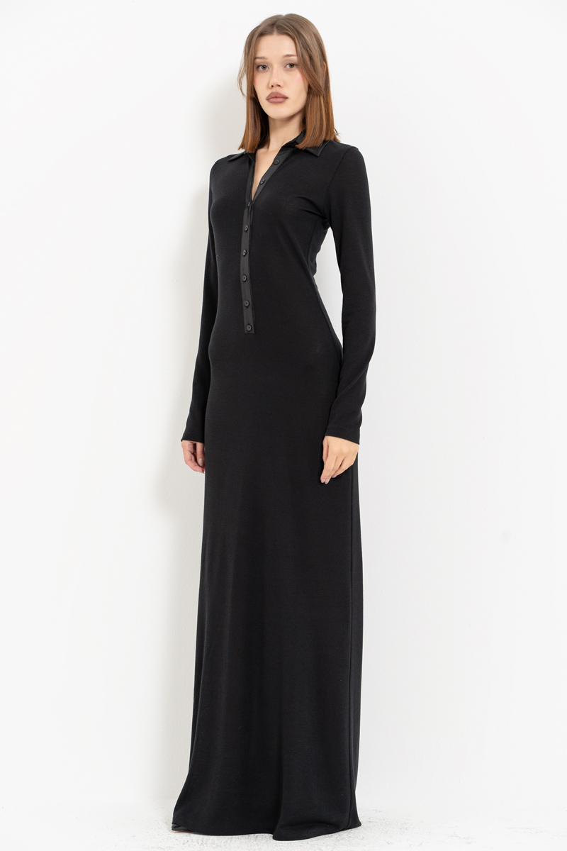 Black Shirt-Collar Maxi Dress