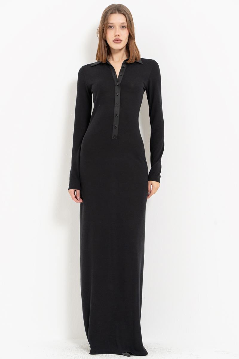 Black Shirt-Collar Maxi Dress