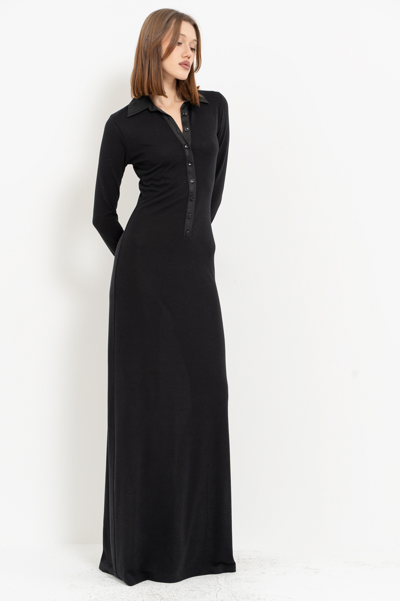 Black Shirt-Collar Maxi Dress