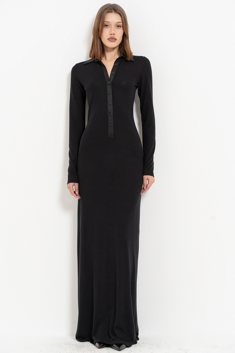 Black Shirt-Collar Maxi Dress