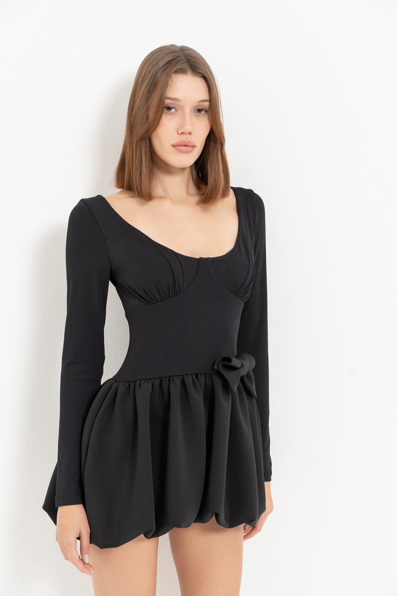 Black Long-Sleeve Mini Dress with Balloon Skirt