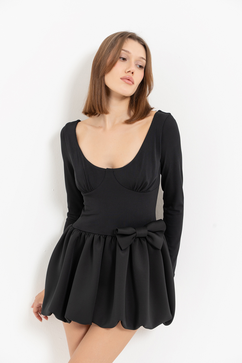 Black Long-Sleeve Mini Dress with Balloon Skirt