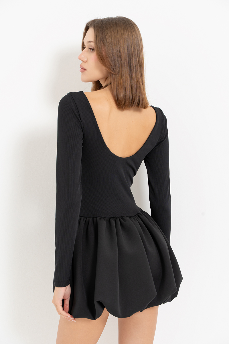 Black Long-Sleeve Mini Dress with Balloon Skirt