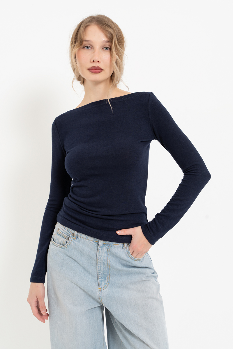 Navy Boat-Neck Long-Sleeve Top